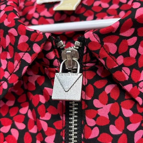 MICHAEL Michael Kors Red Pink Patterned long rollup sleeves full zip up shirt - Picture 6 of 12
